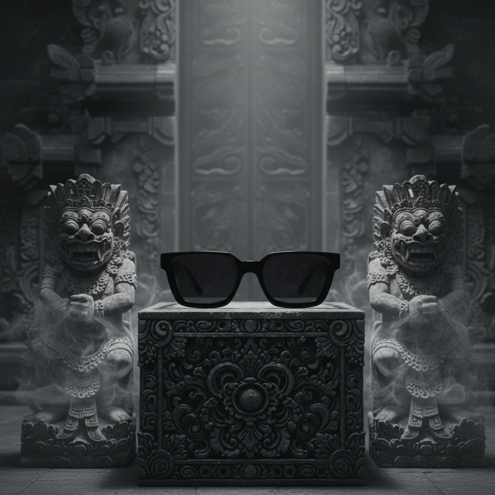 Black sunglasses on a decorative stone block with stone statues on either side